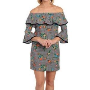 BeBop Black Gingham Plaid Checkered Off Shoulder Floral Mini Dress medium